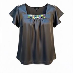 Apt. 9 Dark Metallic Grey Flutter Sleeve Blouse With Beaded Neckline Size 1X